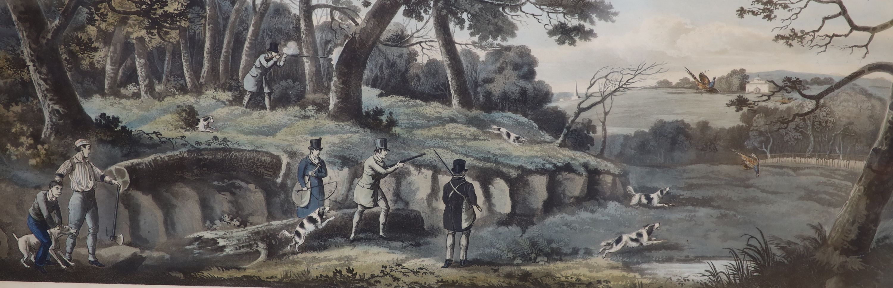 Ackermann publ., a set of four colour aquatints, Shooting scenes, 27 x 71cm